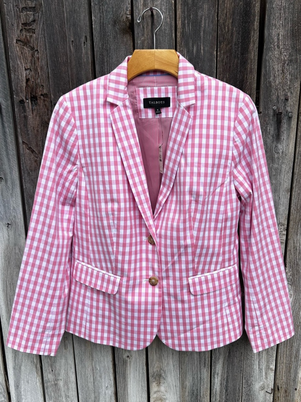 NWT Talbots Gingham Blazer Jacket Cotton Poplin Stretch Pink White 8